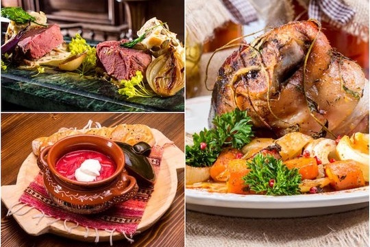 Foto di diversi piatti tipici: barszcz e carne