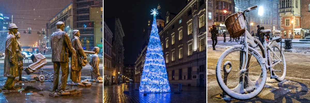 Tre immagini di seguito, raffiguranti un monumento situato a Breslavia, un albero di Natale illuminato fatto di luci e una bicicletta innevata